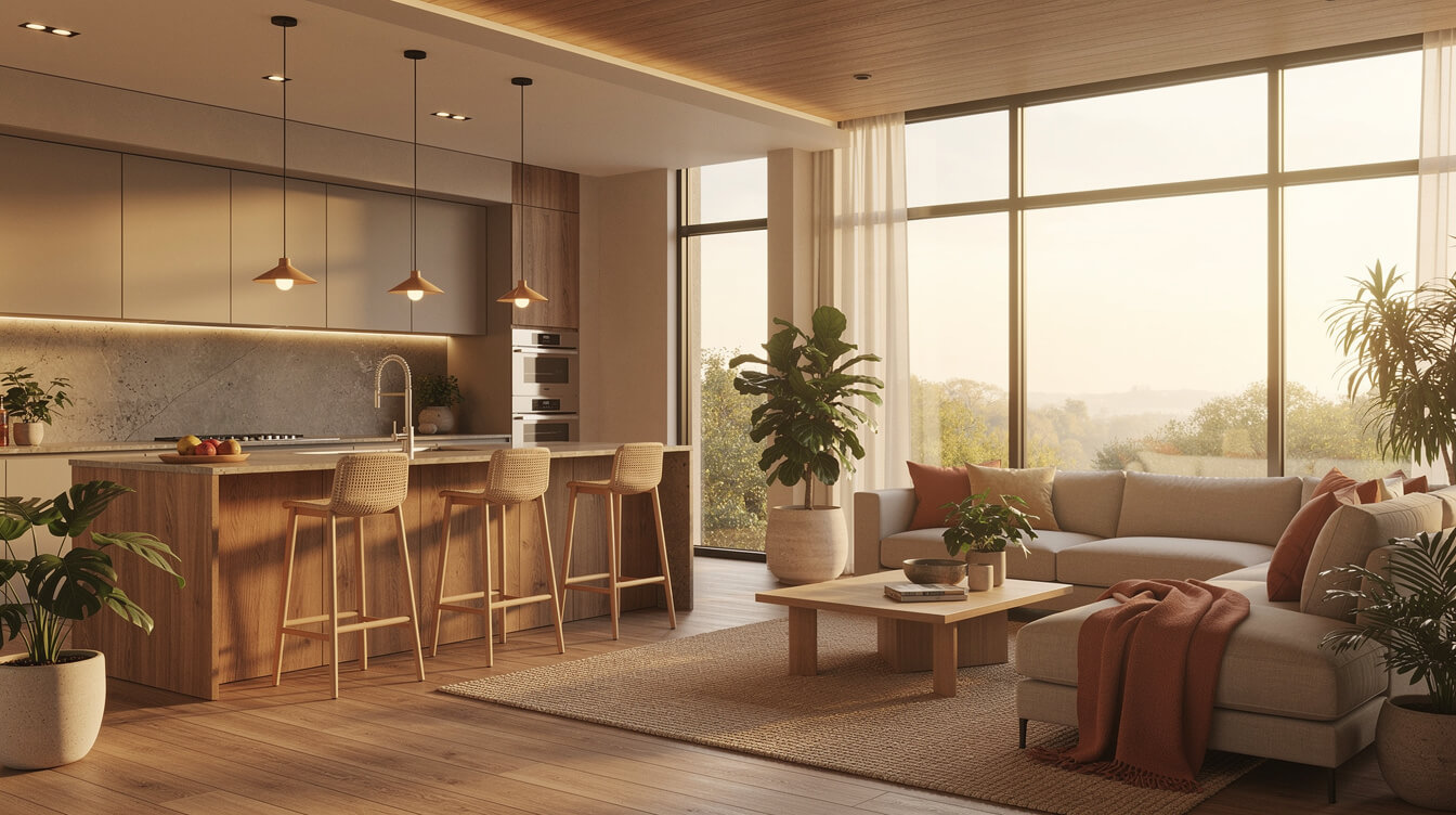 large open-plan great room with kitchen and living area in warm golden light