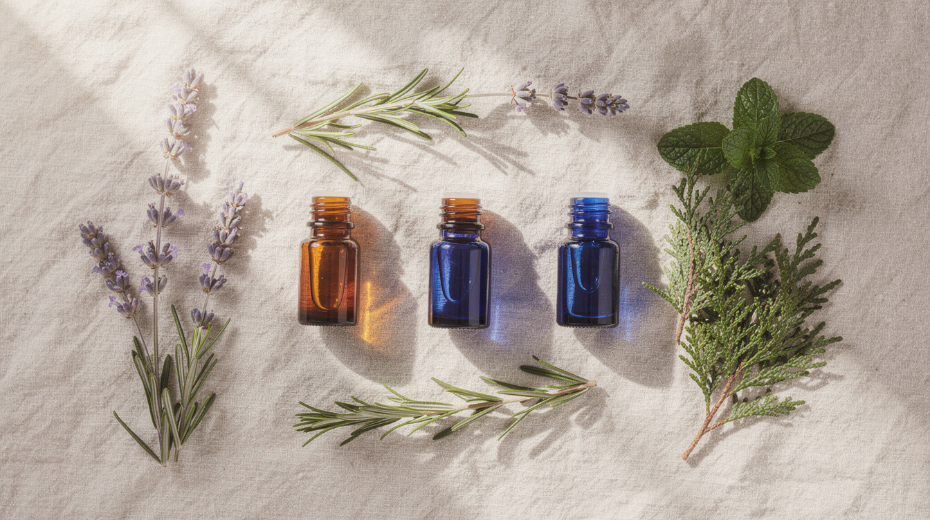 five essential oils for hair growth arranged with fresh herbs on linen