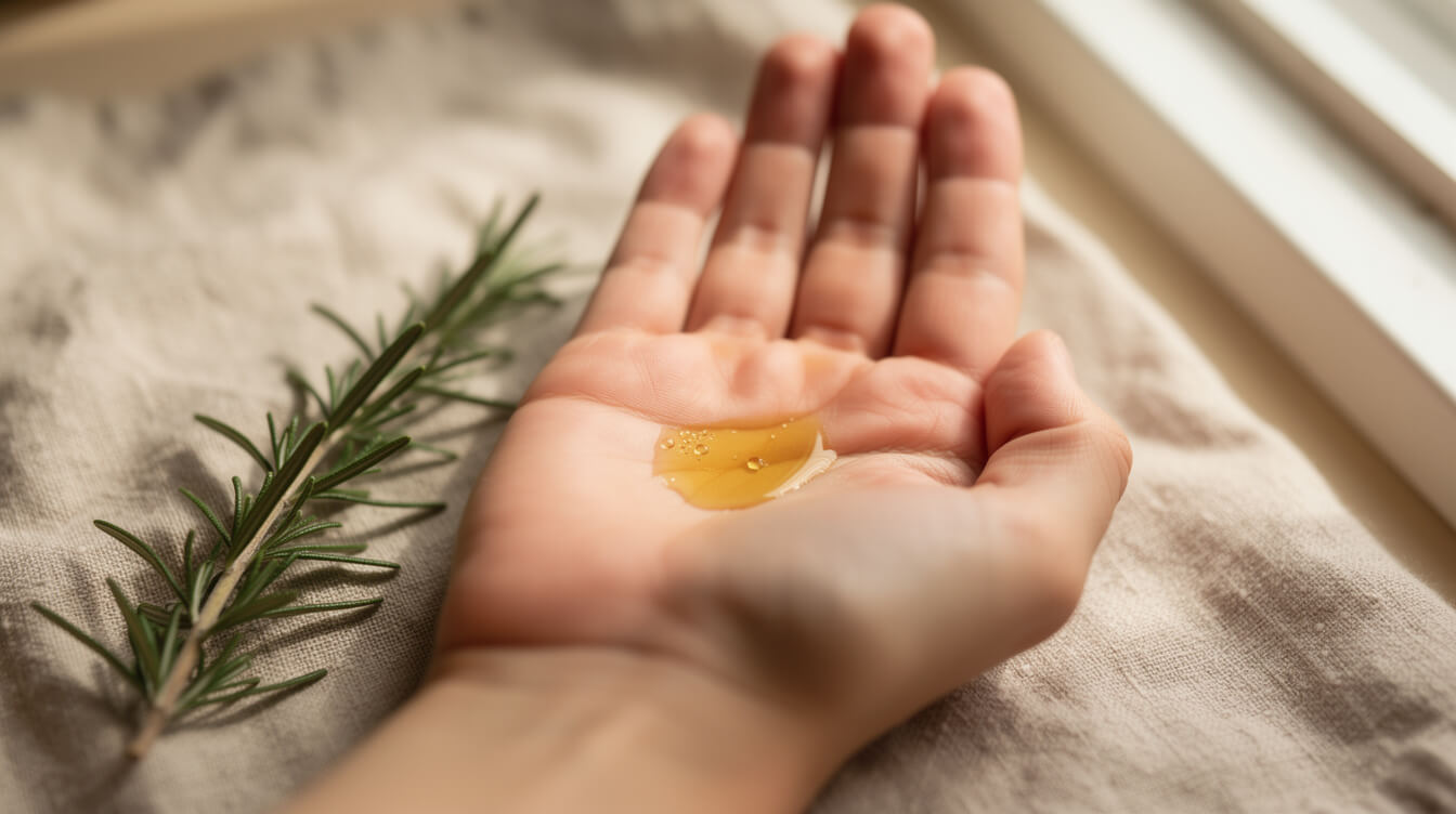 essential oils for hair growth dropped into an open palm with rosemary