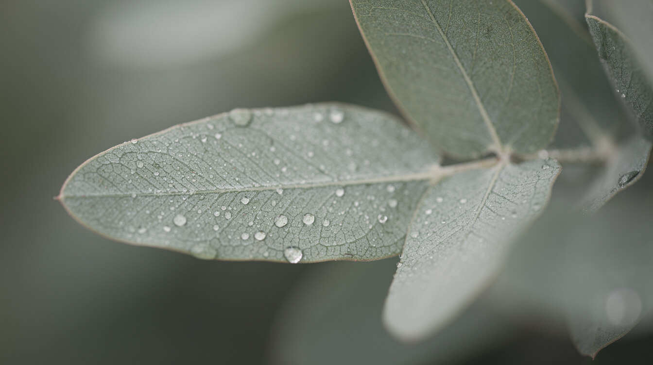 essential oils for immunity, fresh eucalyptus leaves with dew