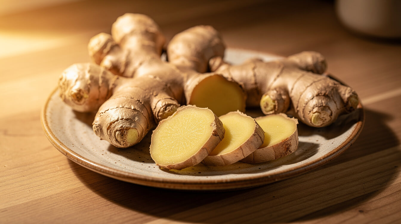 Fresh ginger root sliced open on a ceramic plate