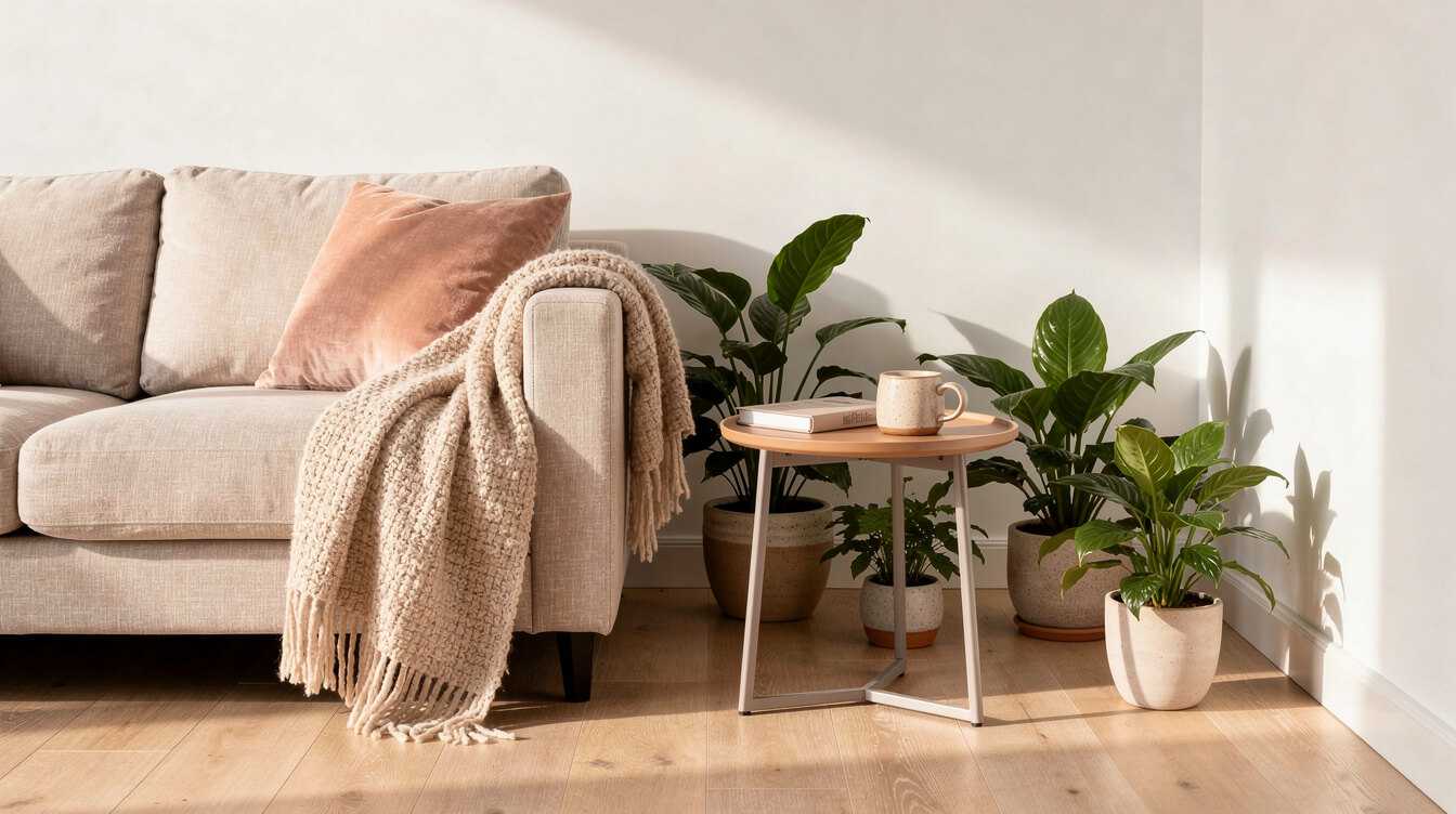 Calm, sunlit living room corner set up for a wellness routine