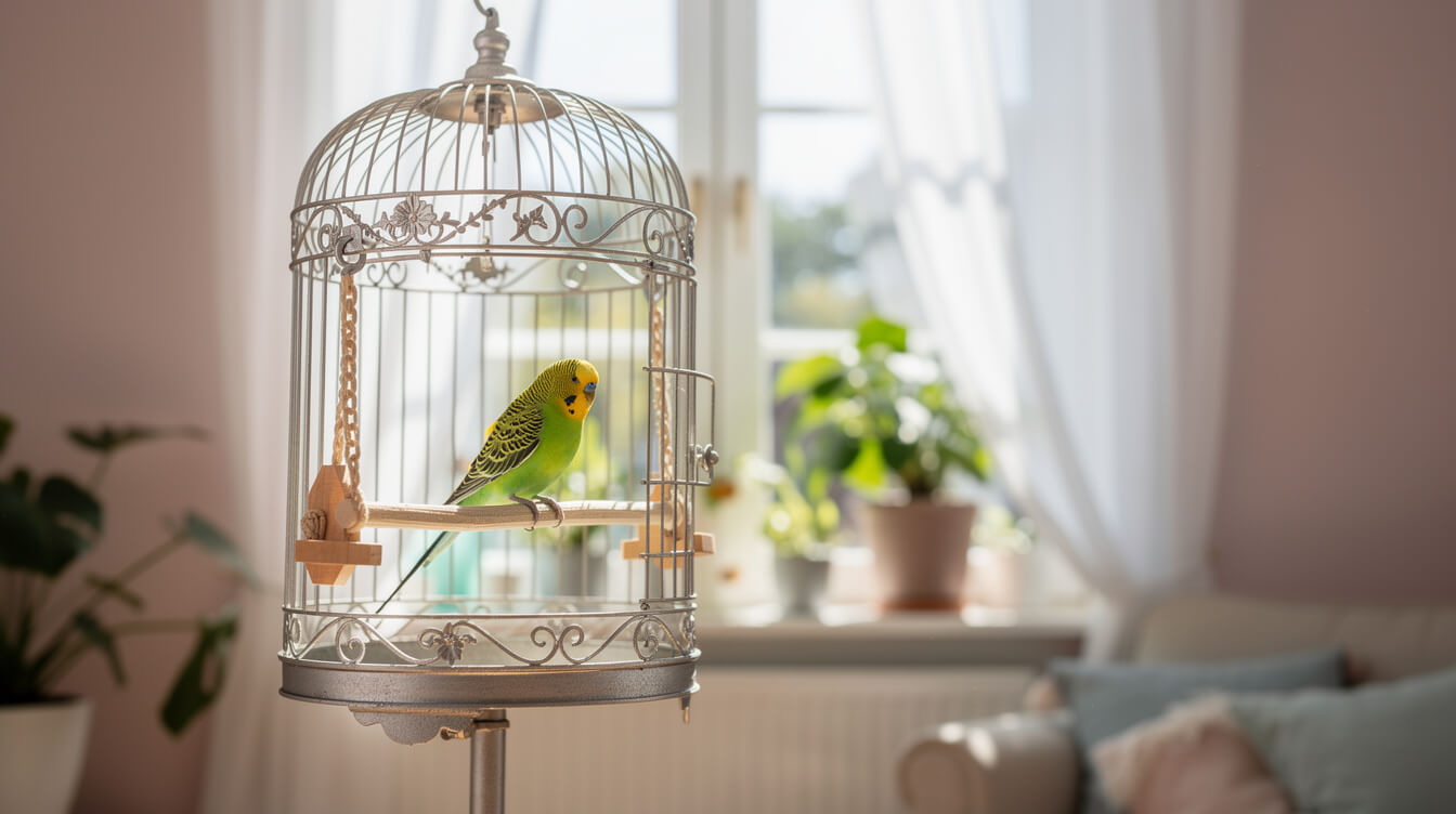 pet parakeet in a cage beside an open window in a well-ventilated room
