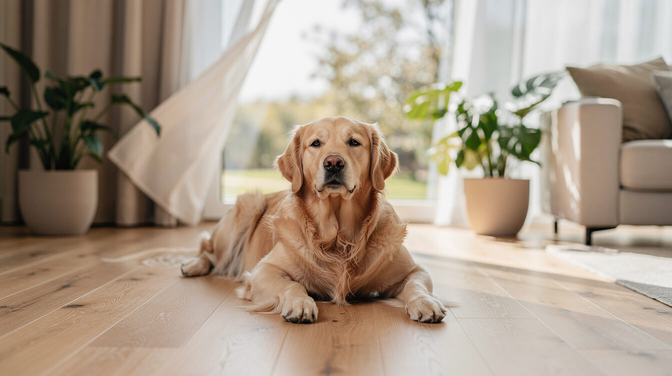 essential oils safe for pets shown by a calm dog resting in a bright, airy home