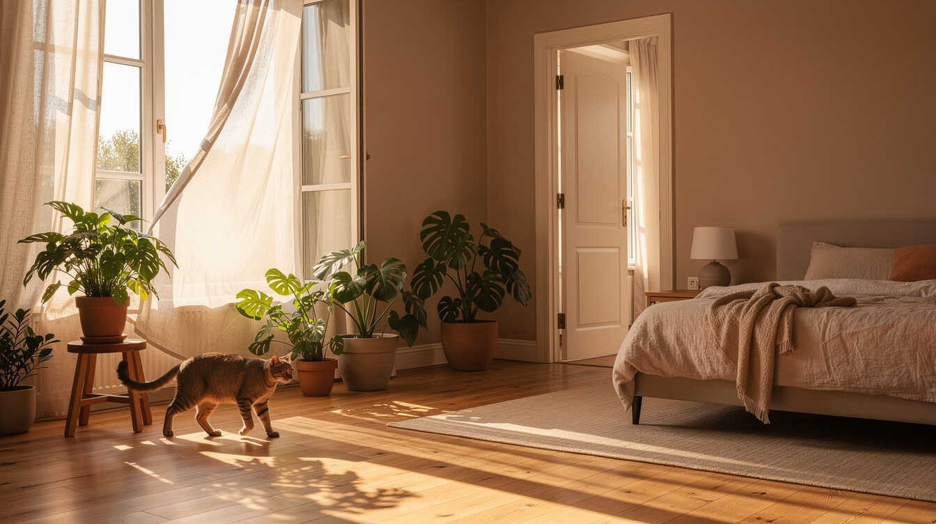 well-ventilated room with an open window and a clear exit route for a pet