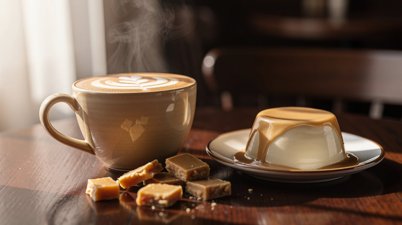 a cozy cafe scene of mocha, vanilla and butter toffee
