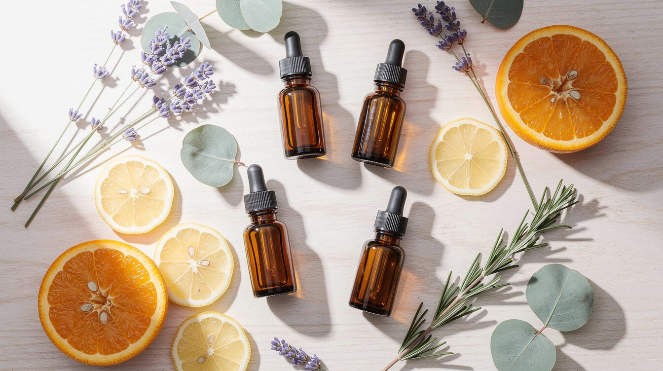 essential oil bottles and citrus for a natural air freshener blend