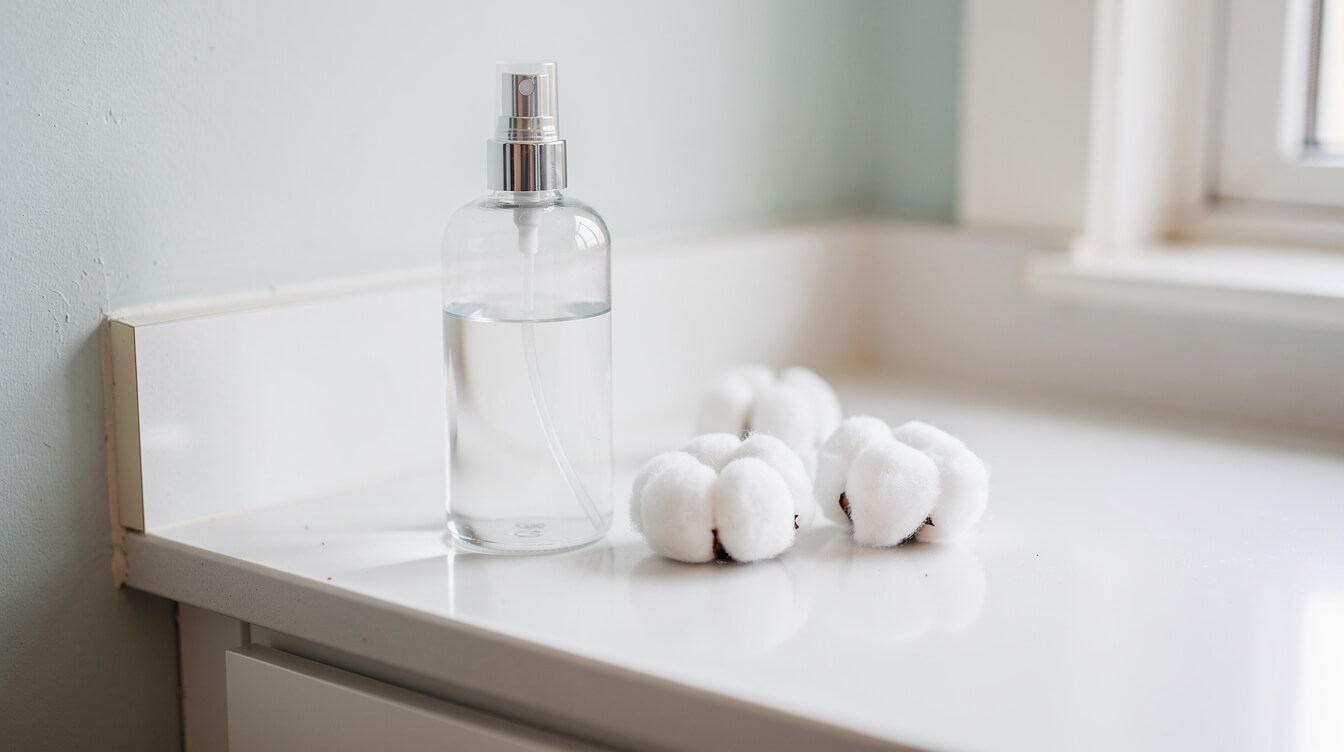 peppermint oil ant spray and cotton balls on a kitchen counter
