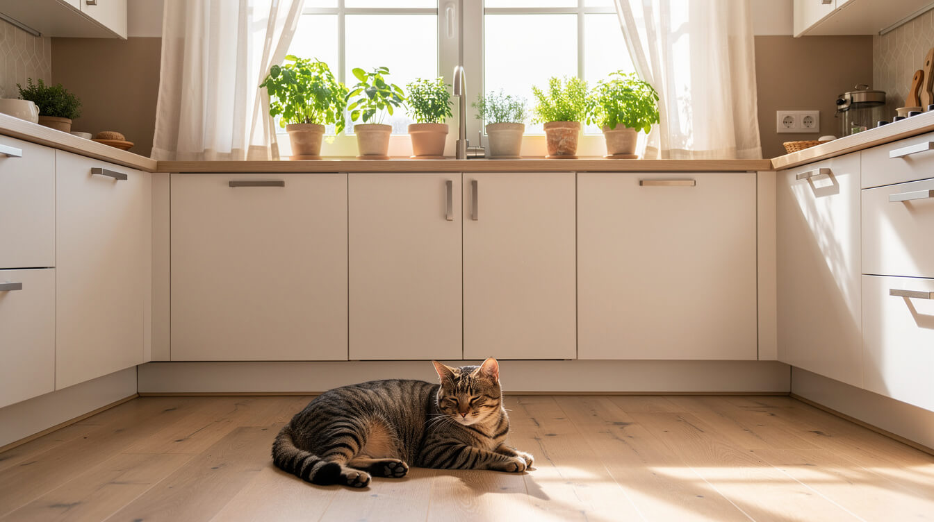 a cat resting safely in a sunlit kitchen where essential oils are used