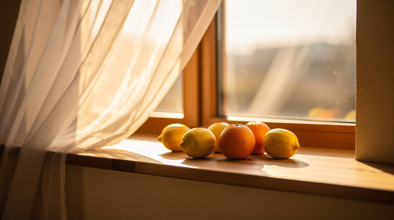 Warm sunlight through a window, illustrating the UV timing window for phototoxic essential oils