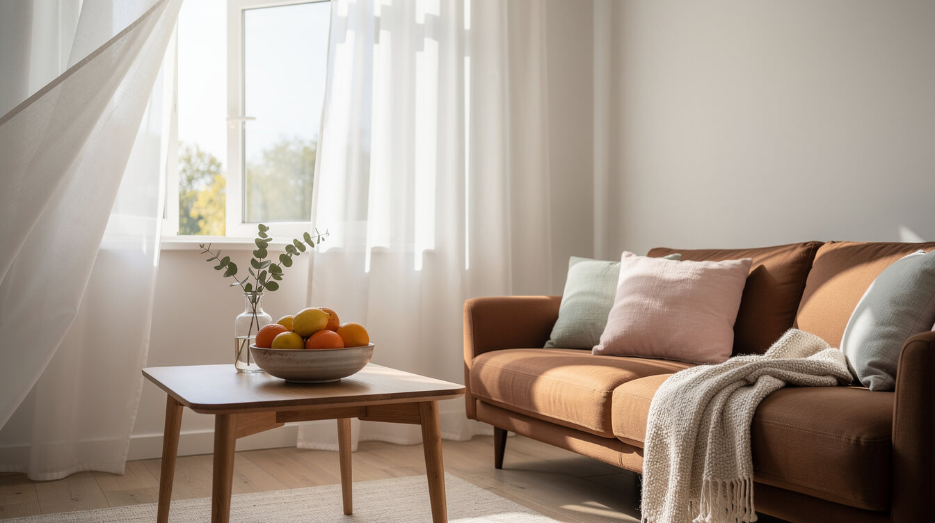 A bright, airy living room with fresh citrus and eucalyptus after removing smoke smell