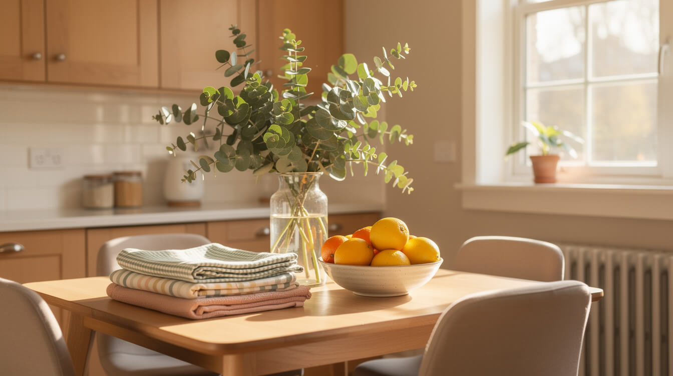 fresh clean kitchen and dining nook with citrus and eucalyptus for a fresher home