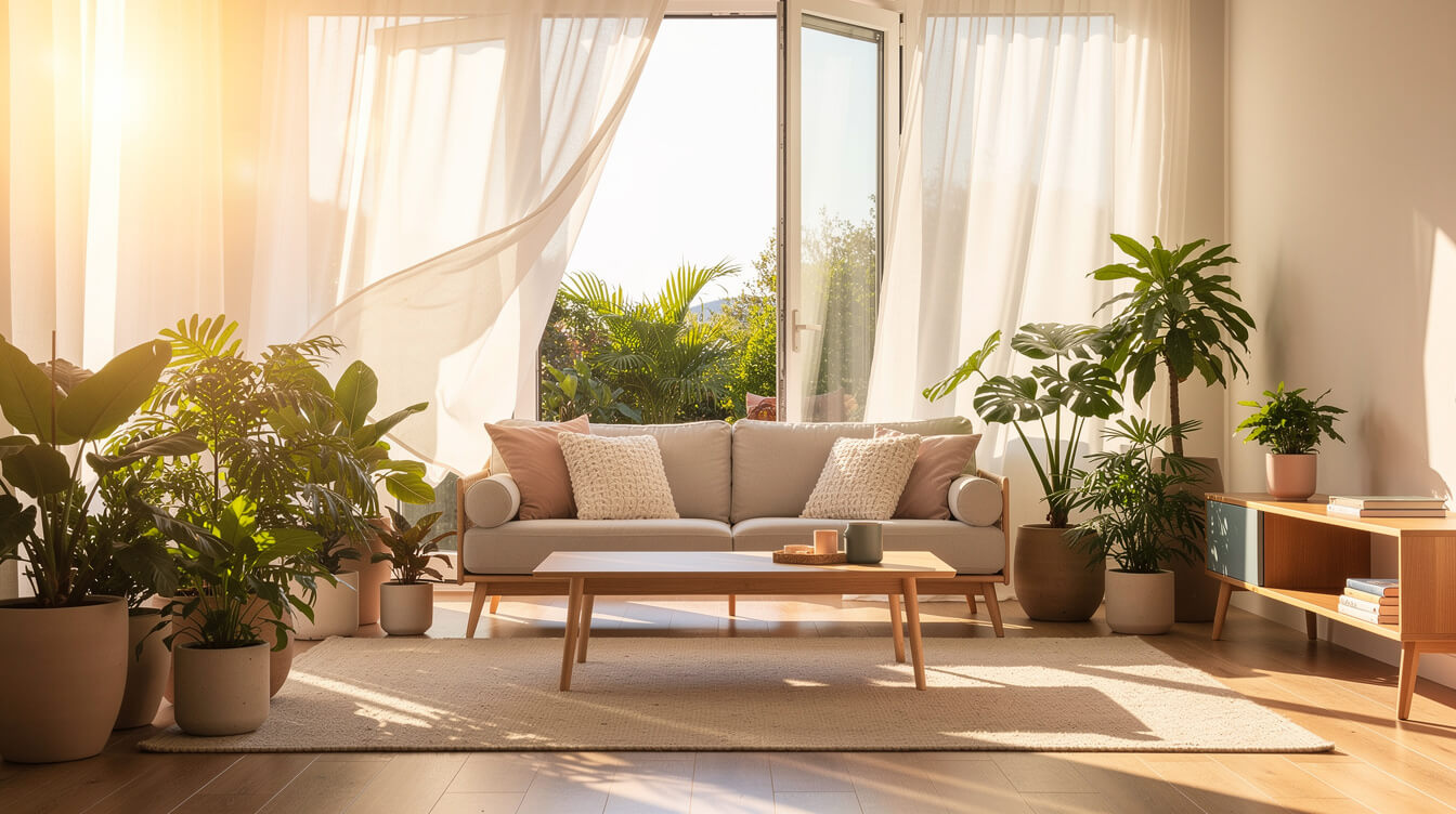 bright airy living room with open windows and houseplants for fresher indoor air