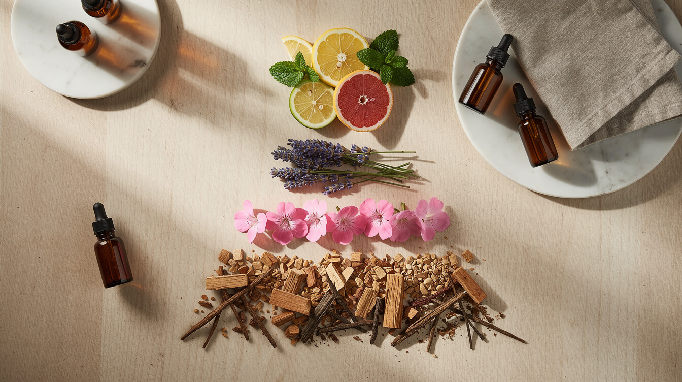 essential oil cologne note palette of top heart and base oils