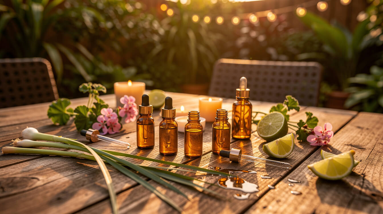 Amber essential oil bottles with lemongrass, geranium, lime and bergamot on a rustic table at golden hour on a cozy summer patio