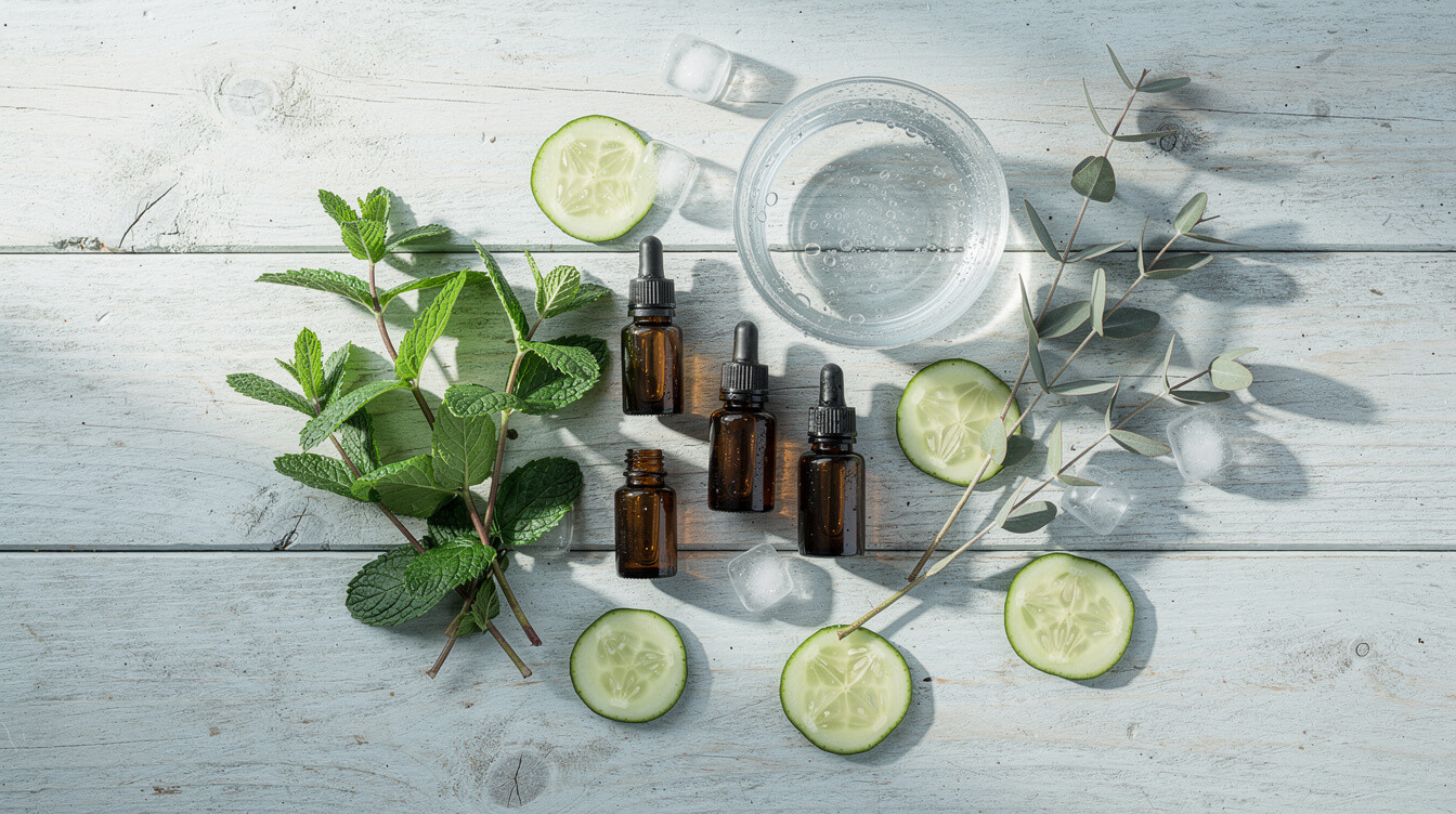 Overhead flat lay of peppermint, eucalyptus, cucumber slices, ice cubes and amber essential oil bottles on a pale weathered wooden table