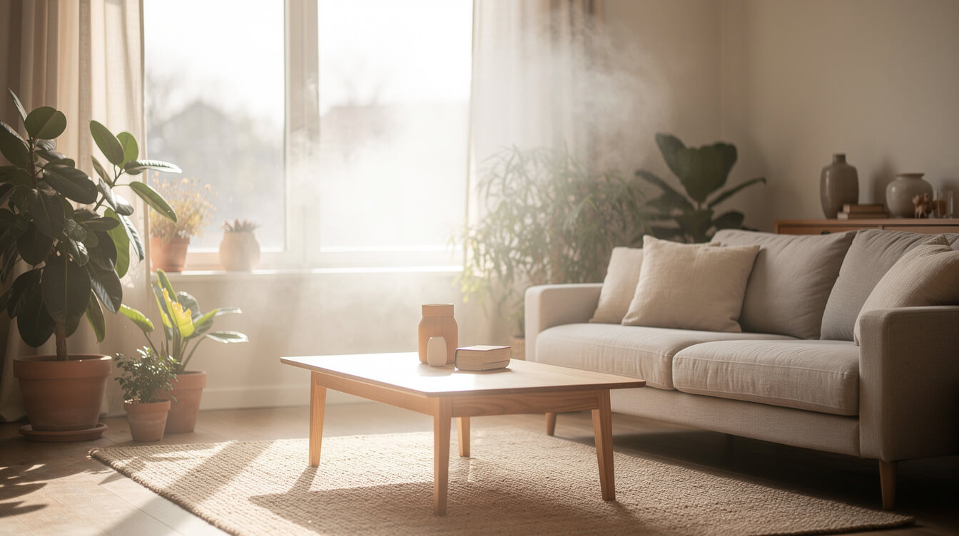 bright living room with gentle mist illustrating diffuser vs humidifier moisture