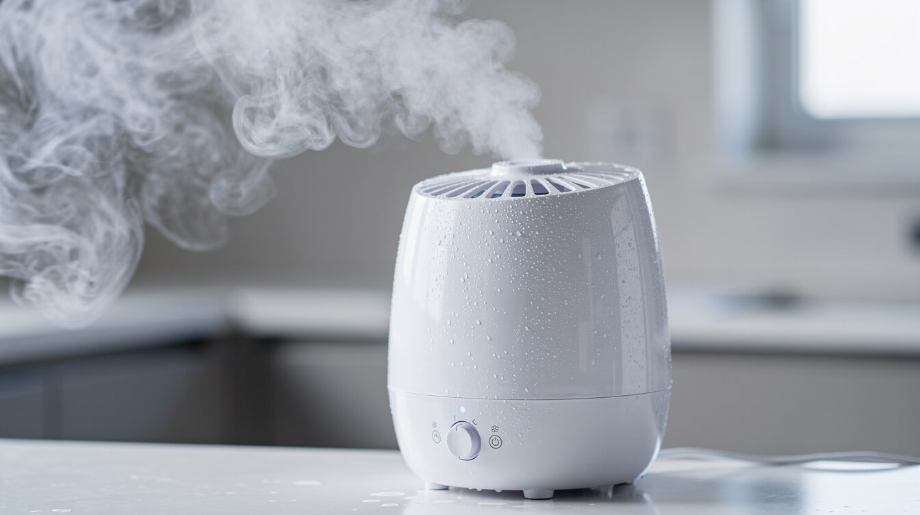 white plastic humidifier releasing cool water vapor on a counter