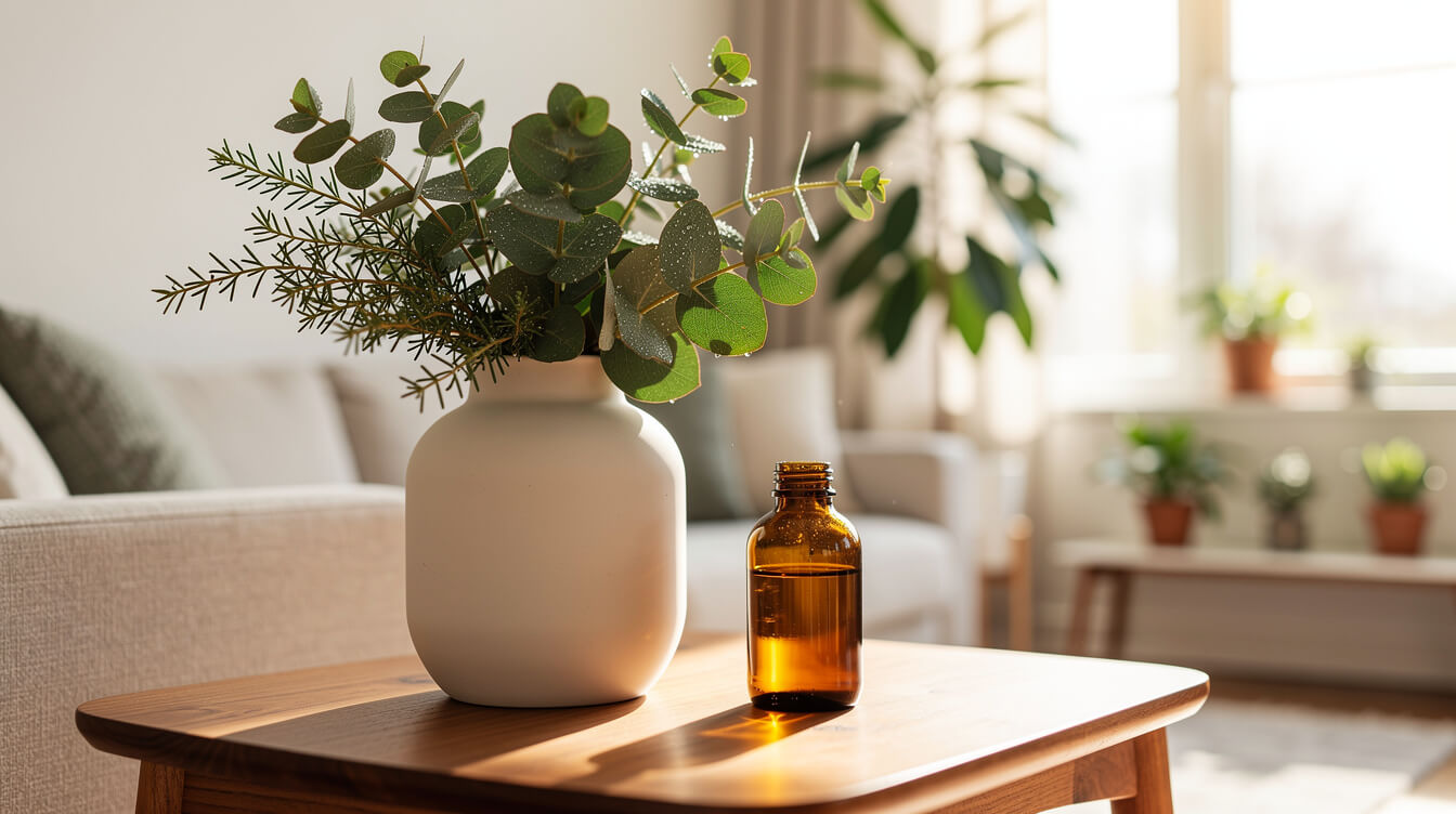 Fresh eucalyptus and tea tree in a bright airy room for clean-smelling air