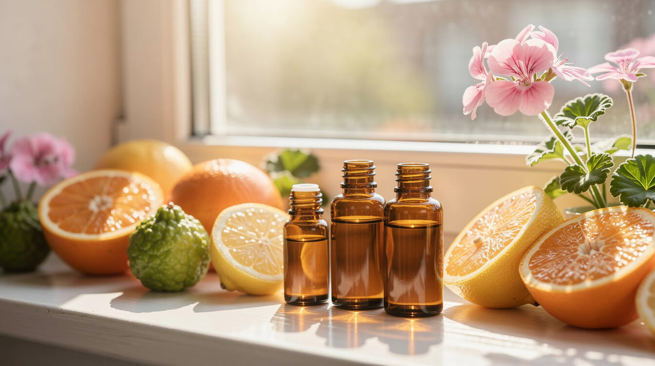 Bright citrus and floral essential oils arranged on a sunlit windowsill for an uplifting mood