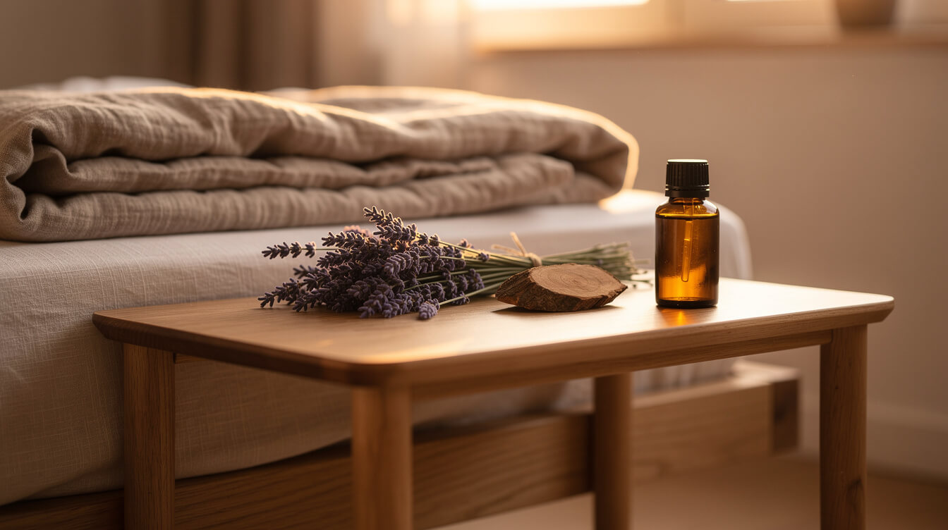 lavender and cedarwood on a wooden nightstand freshening a serene bedroom