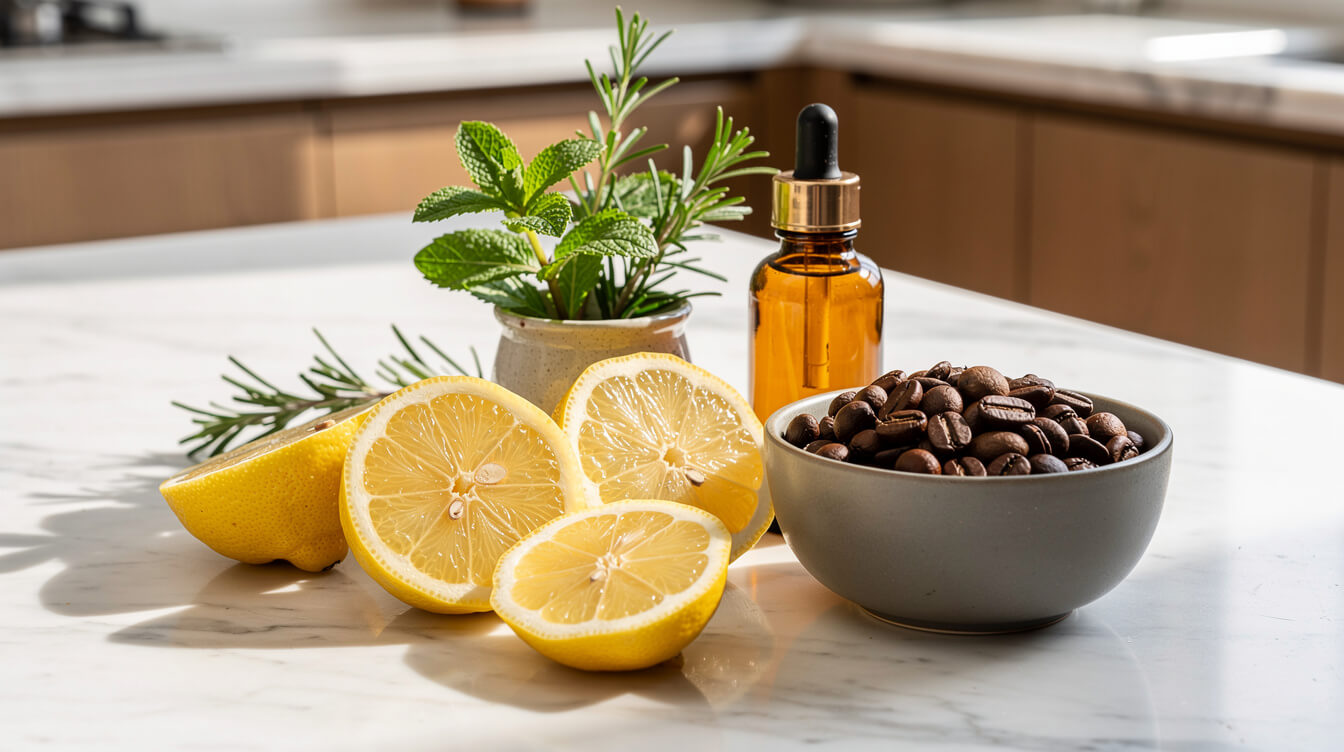 essential oils for air freshener with fresh citrus and herbs on a sunlit kitchen counter