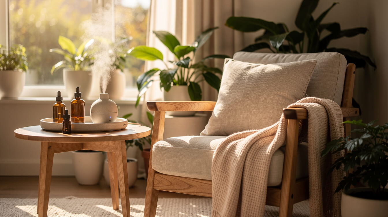 a calm, cozy room filled with pure aromatic scent without a flame