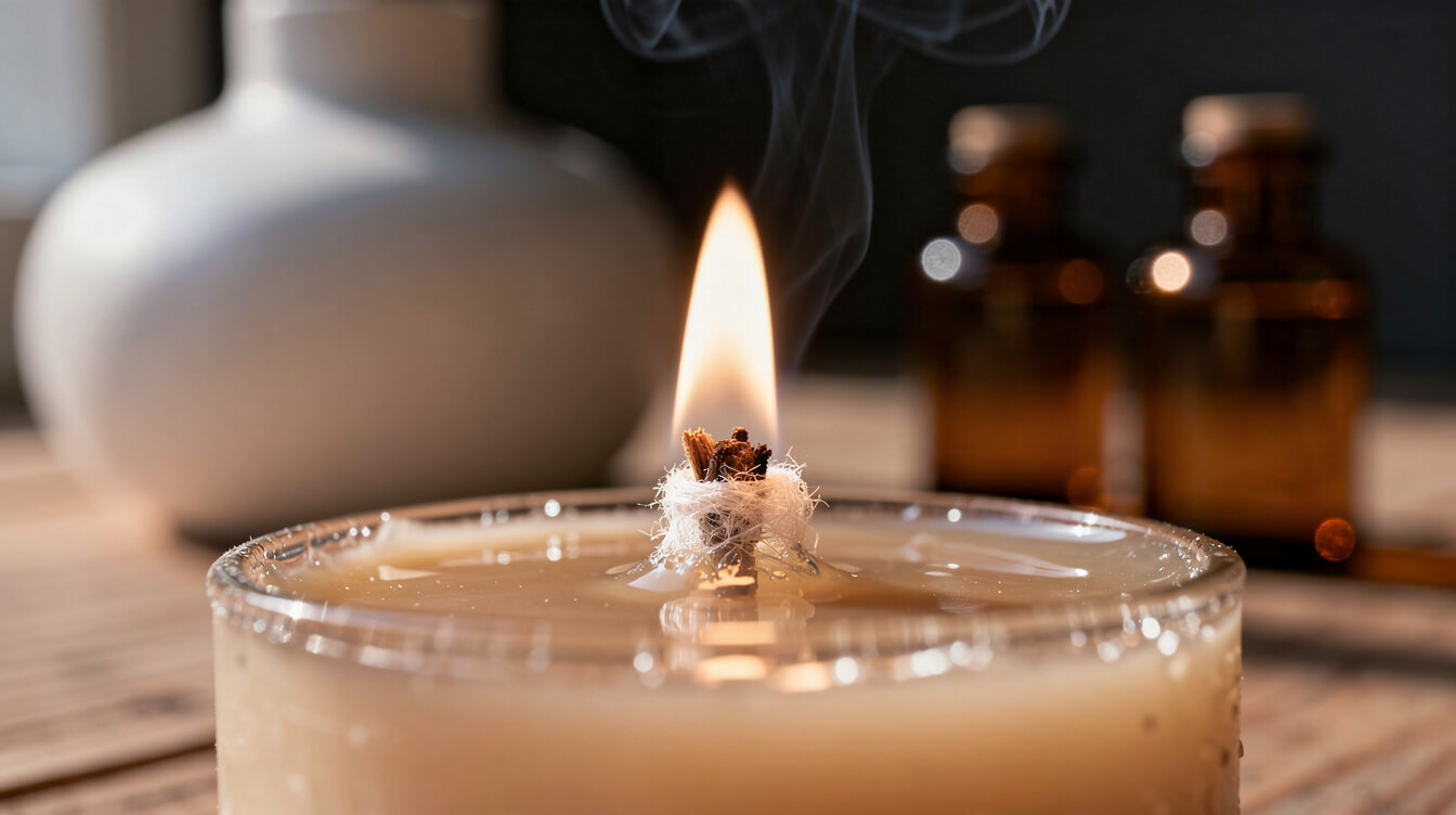 essential oils for candles, a candle flame and hot wax melt pool