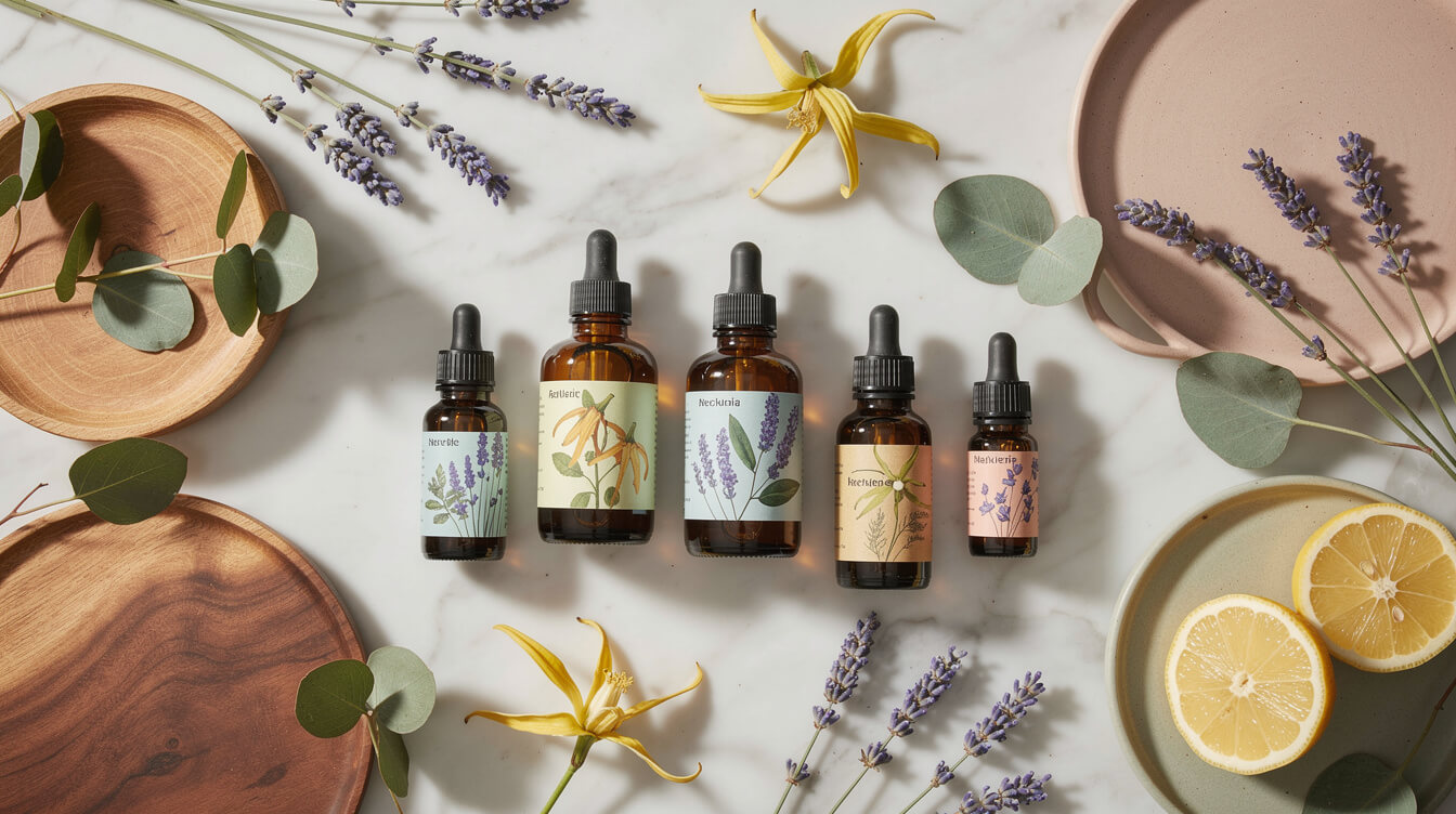 a selection of essential oils suitable for candles with botanicals