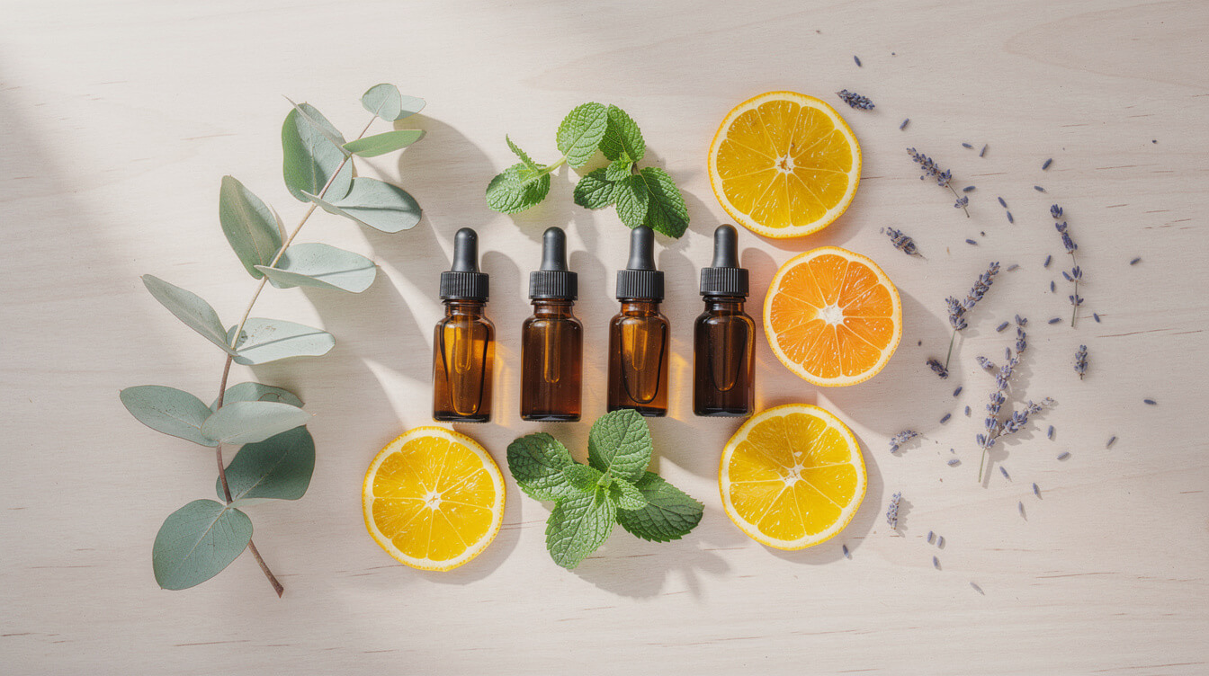 a flat lay of essential oil bottles and botanicals for shower steamers