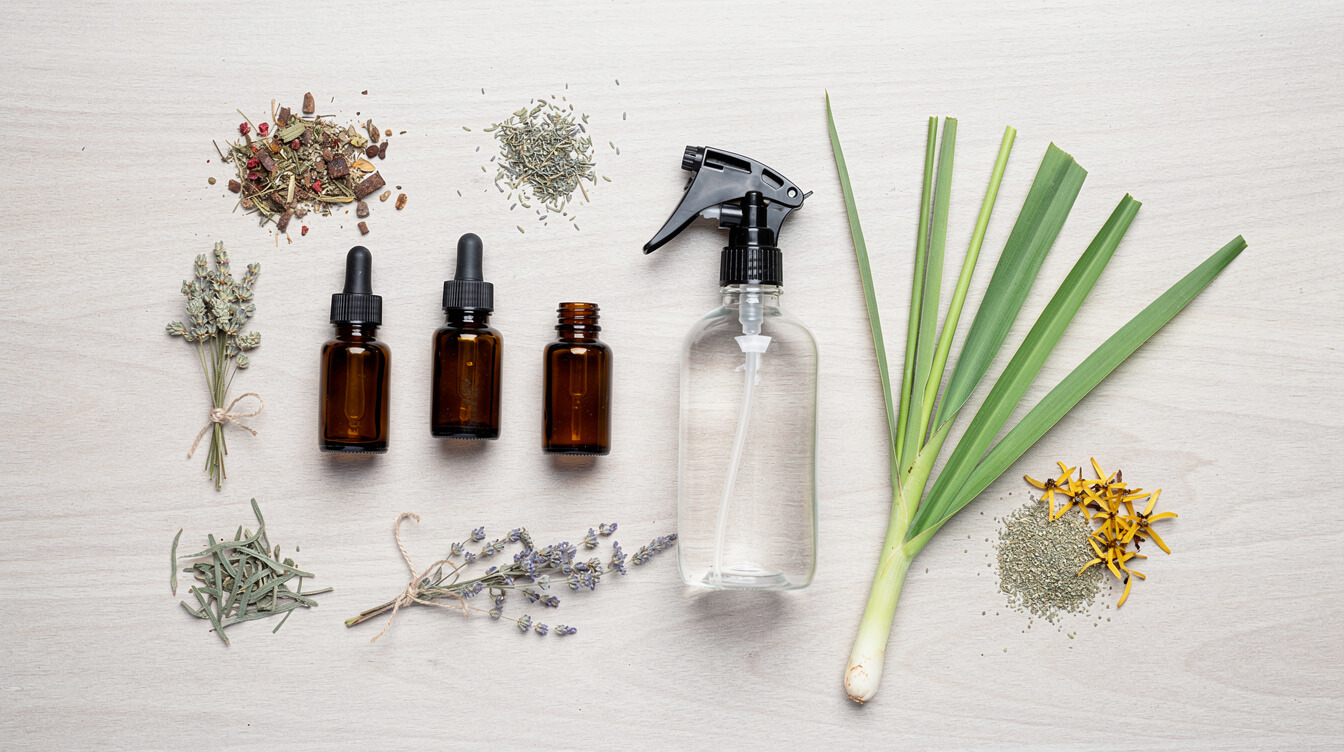 DIY essential oil mosquito repellent recipe ingredients flatlay