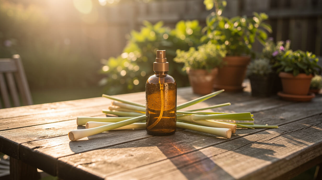 essential oil mosquito repellent recipe ingredients on a sunlit patio table