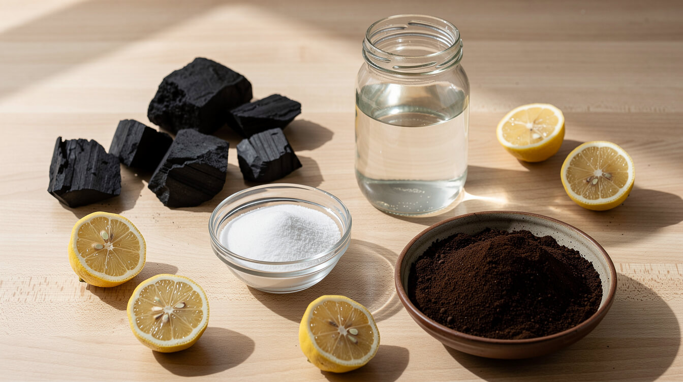 natural odor neutralizers: baking soda, activated charcoal and white vinegar