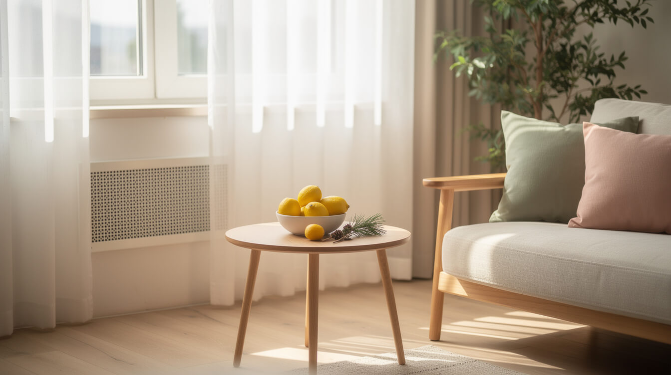 Fresh clean air moving through a bright living room near an air vent after removing smoke smell with essential oils