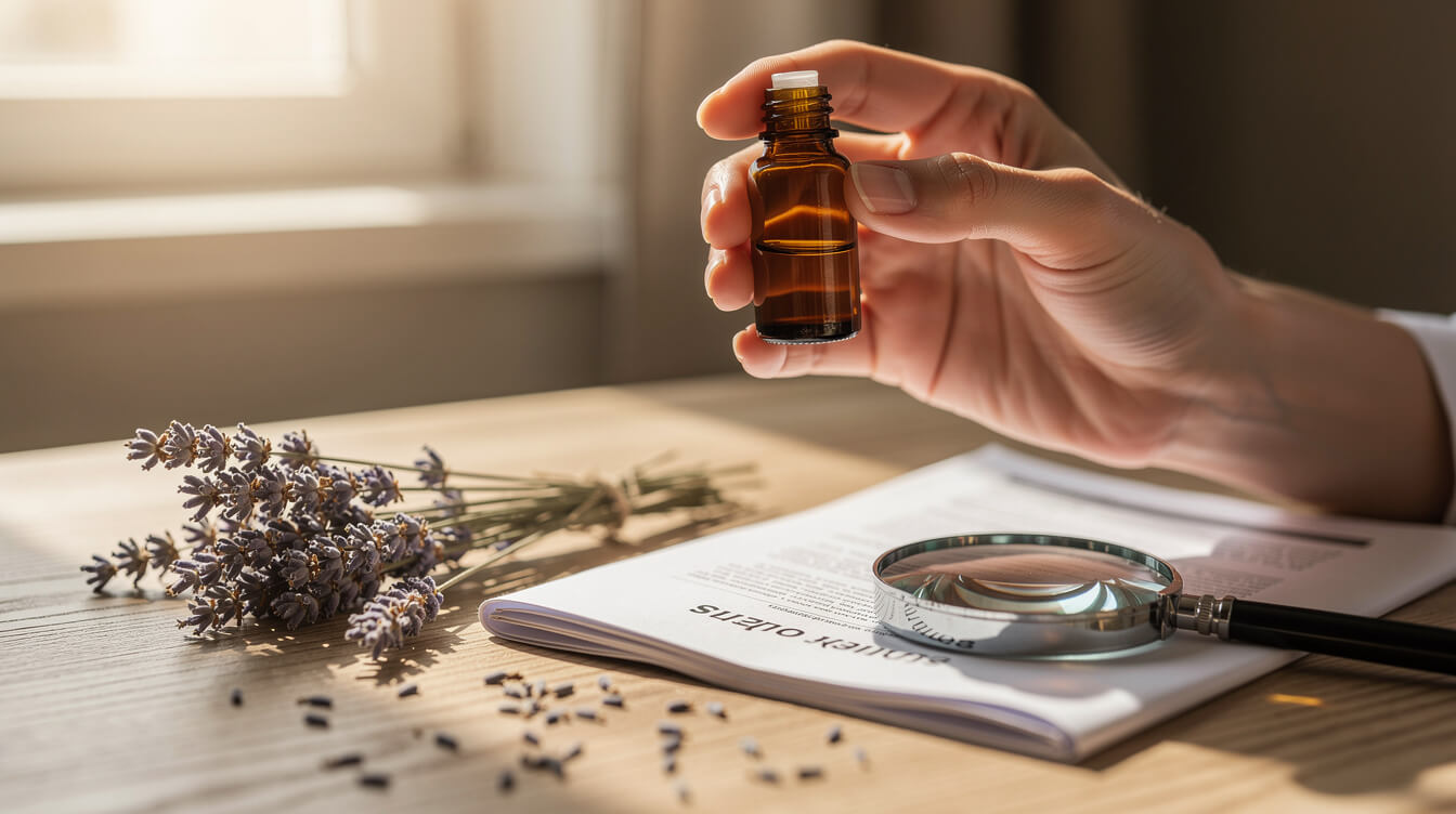 reading an essential oil label for purity before diffusing