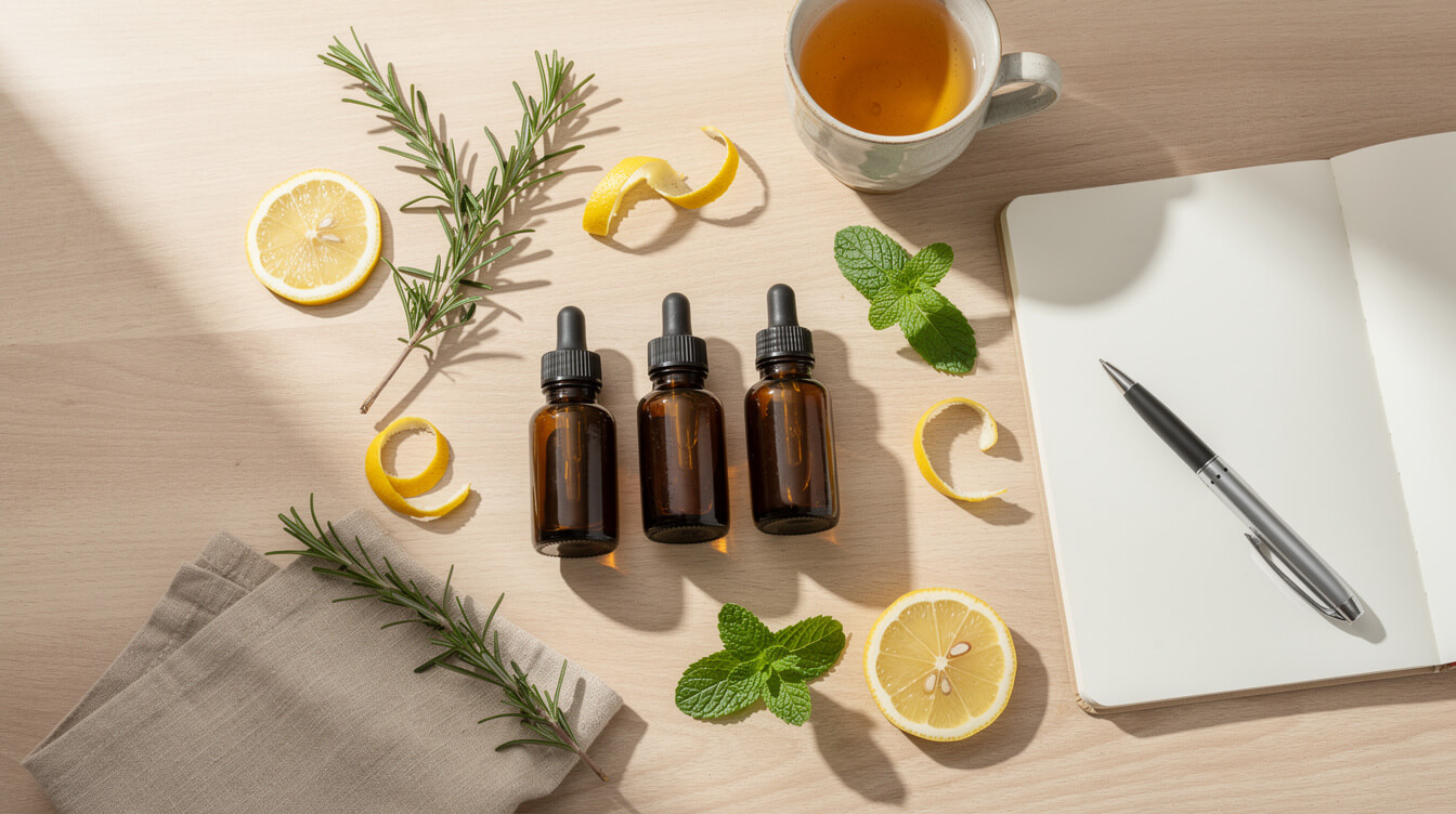 Overhead flat lay of amber essential oil bottles with rosemary, peppermint, and lemon on a bright wooden desk beside an open notebook