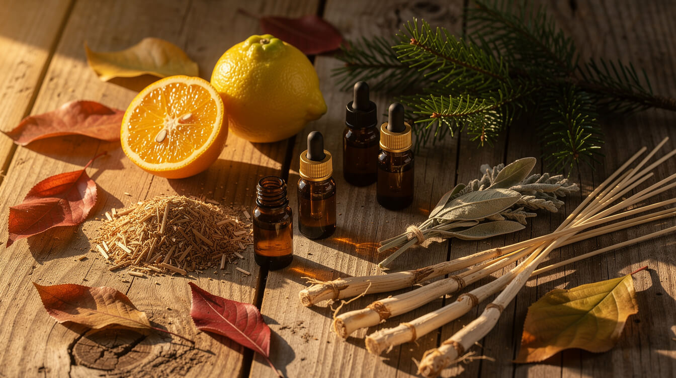 Late-summer to early-autumn aromatherapy flat lay: amber essential oil bottles, sliced orange, cedar shavings, dried sage and vetiver roots on weathered wood in warm golden light