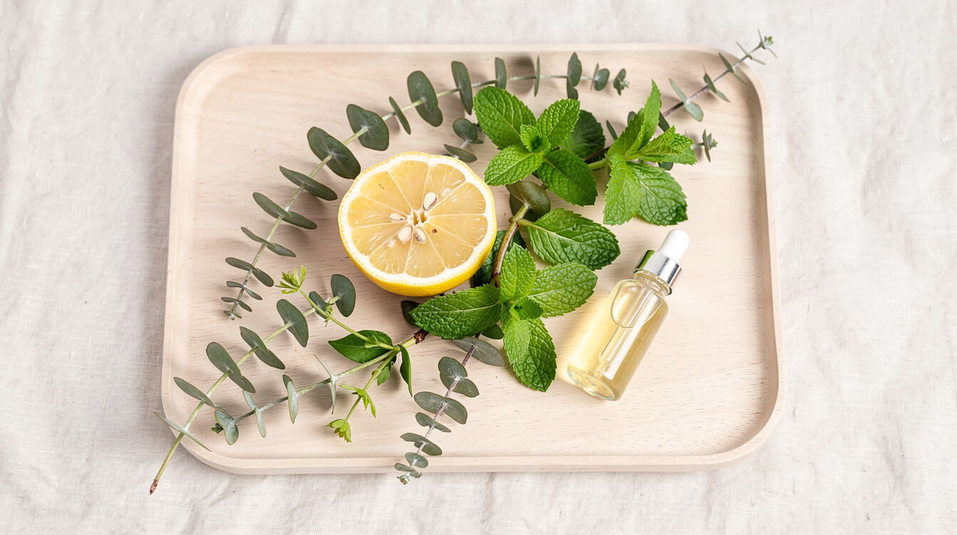 Eucalyptus, peppermint and lemon essential oils for a fresh-smelling home