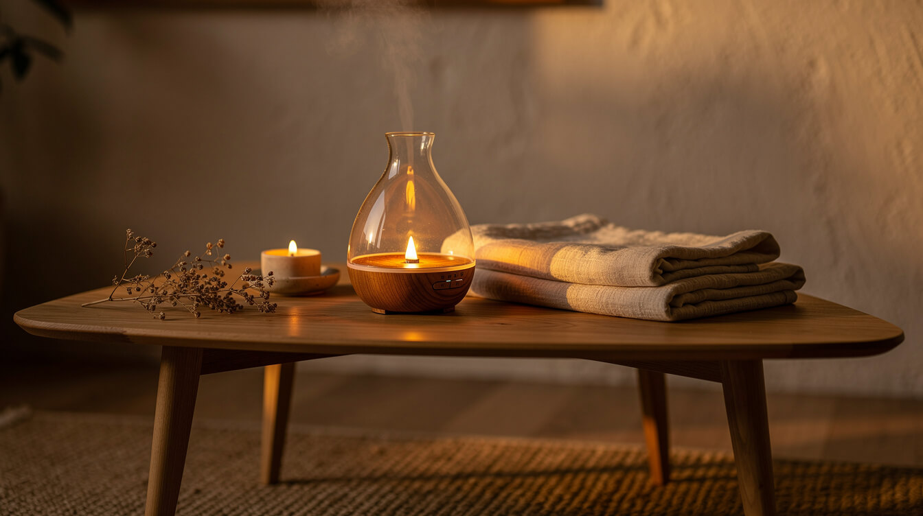 Frankincense aromatherapy oil diffusing in a calm evening meditation setting