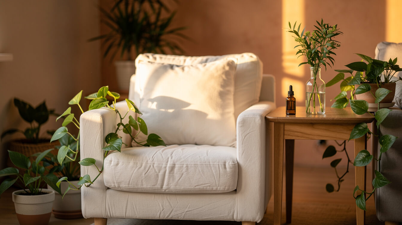 warm living room set up for diffusing a fresh lemongrass blend