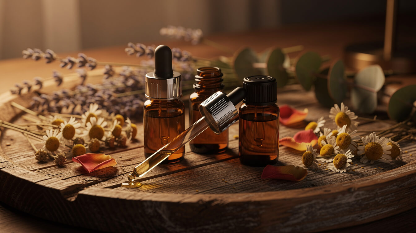 amber essential oil bottles and pipette for blending patchouli