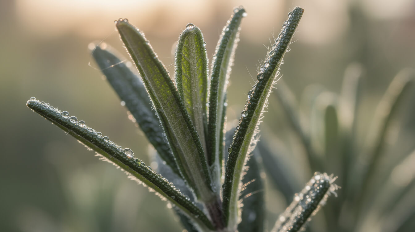 rosemary aromatherapy oil on fresh dew-covered rosemary needles