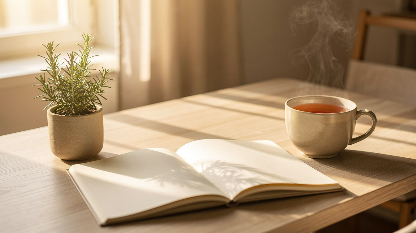 rosemary aromatherapy oil diffusing beside a notebook on a sunlit desk