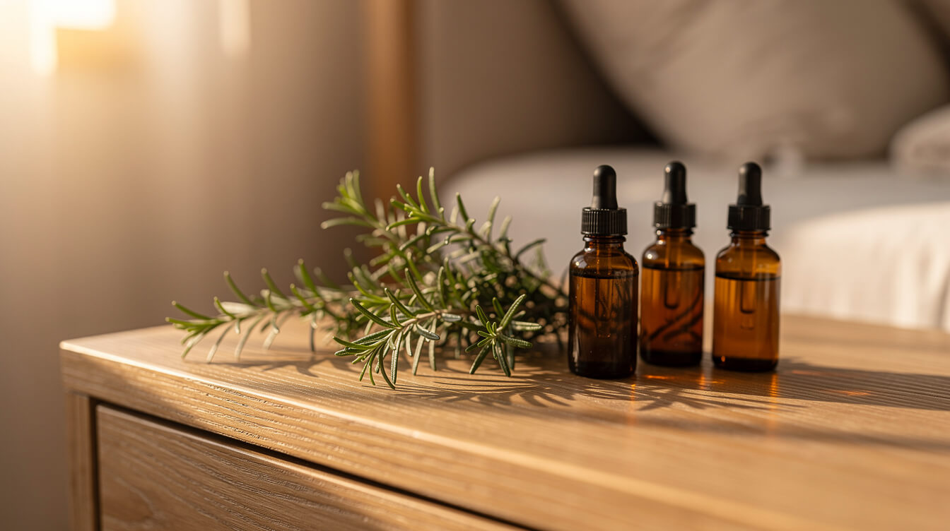 rosemary sprigs and amber oil bottles on a wooden nightstand