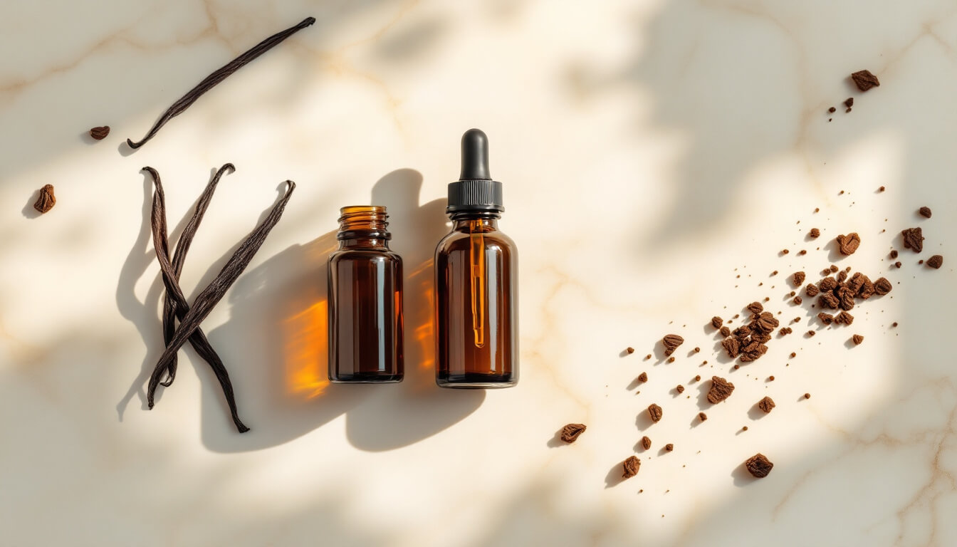 Amber bottles of vanilla absolute and CO2 extract beside cured vanilla pods