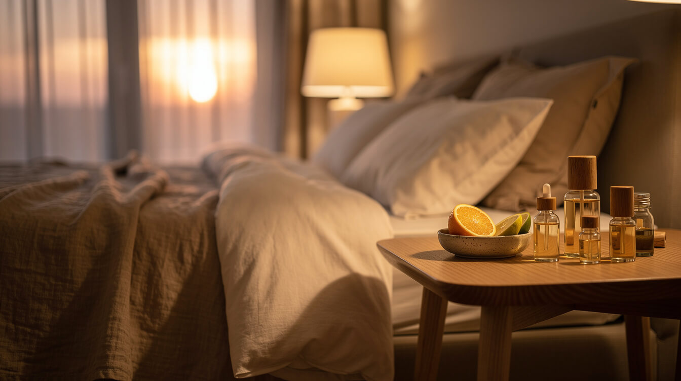 cozy bedroom aromatherapy setting with bergamot essential oil and warm evening light