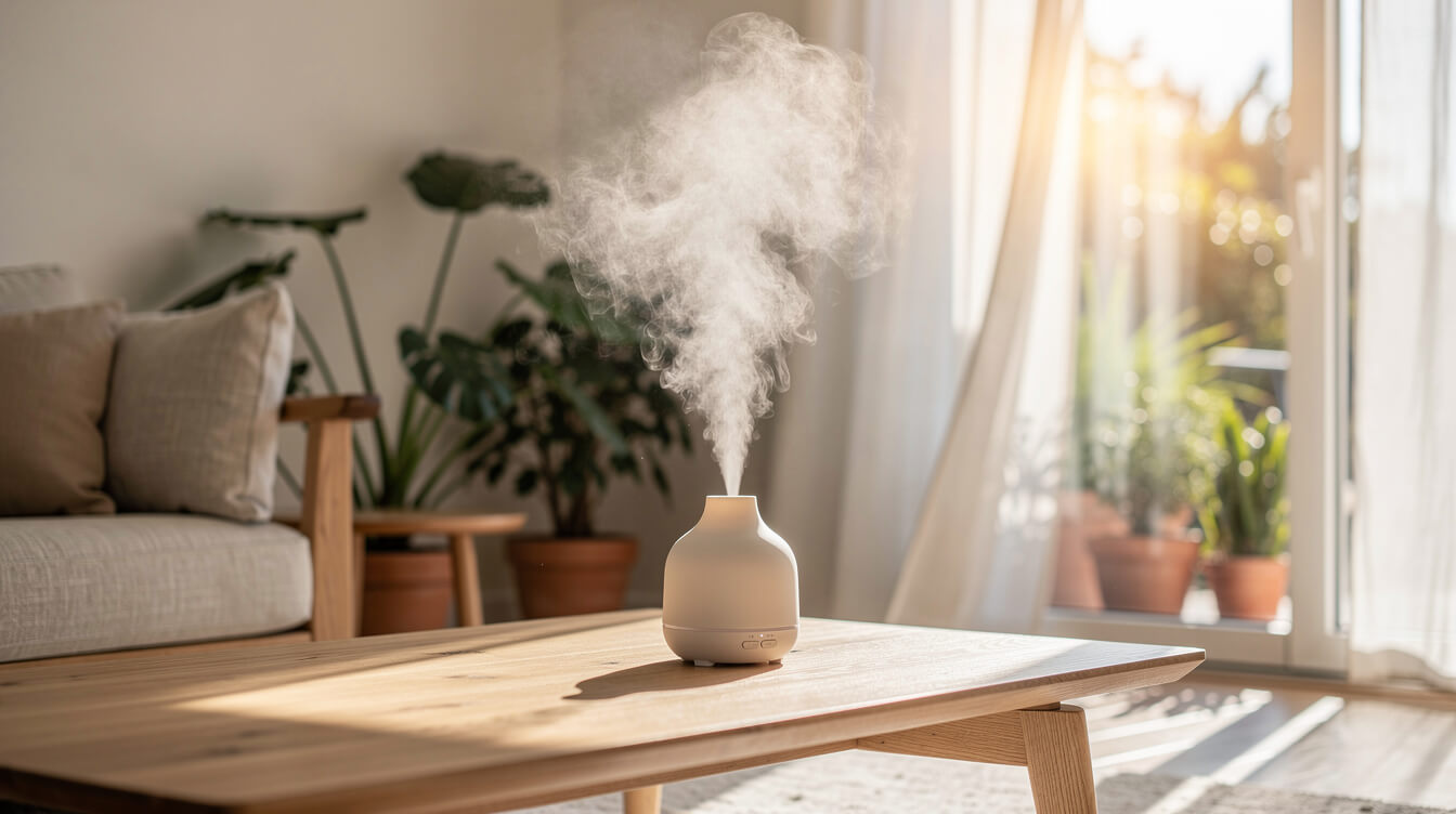 soft aromatic mist diffusing in a sunlit living room, bergamot essential oil diffusion lifestyle