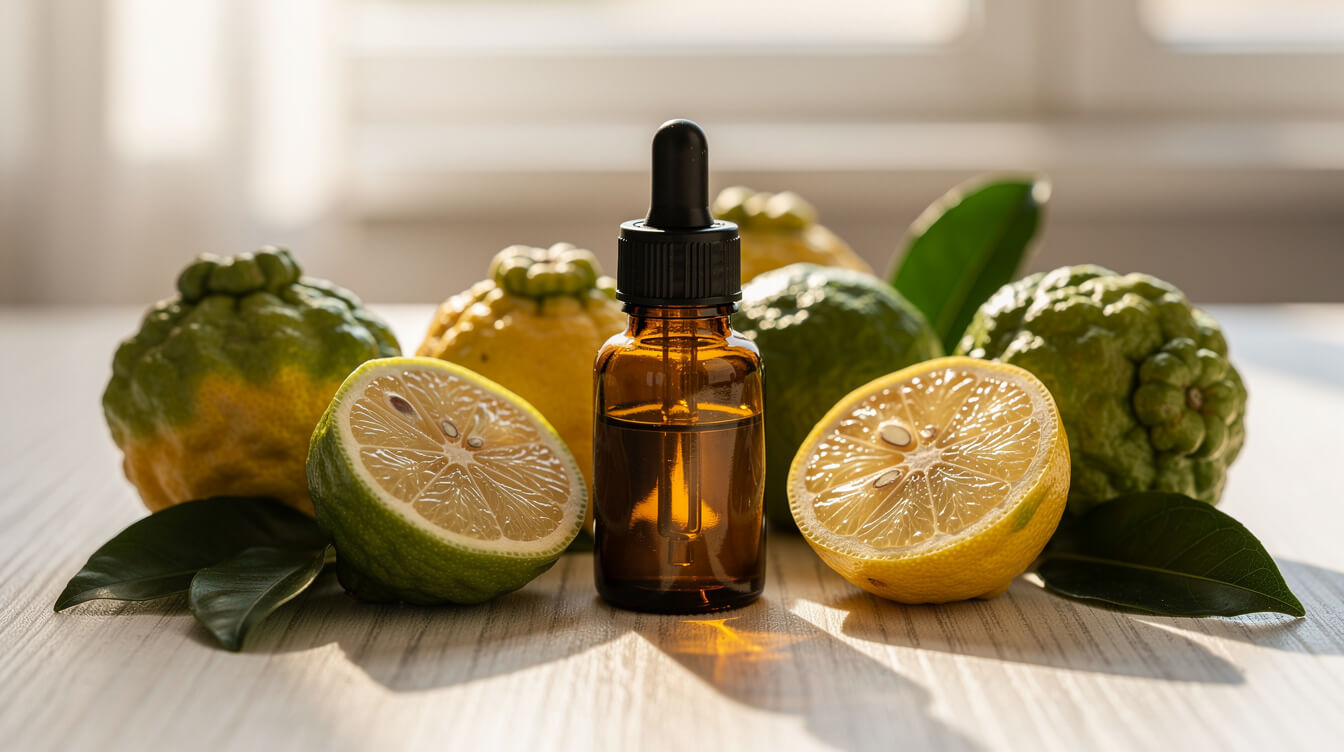 bergamot essential oil benefits — fresh bergamot citrus fruits and amber essential oil bottle on wooden surface