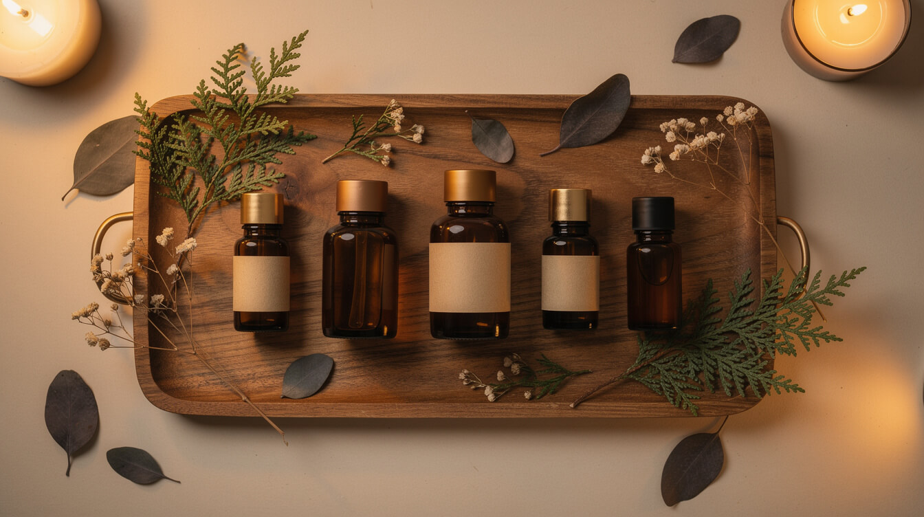 essential oils for sensual massage blend bottles and botanicals