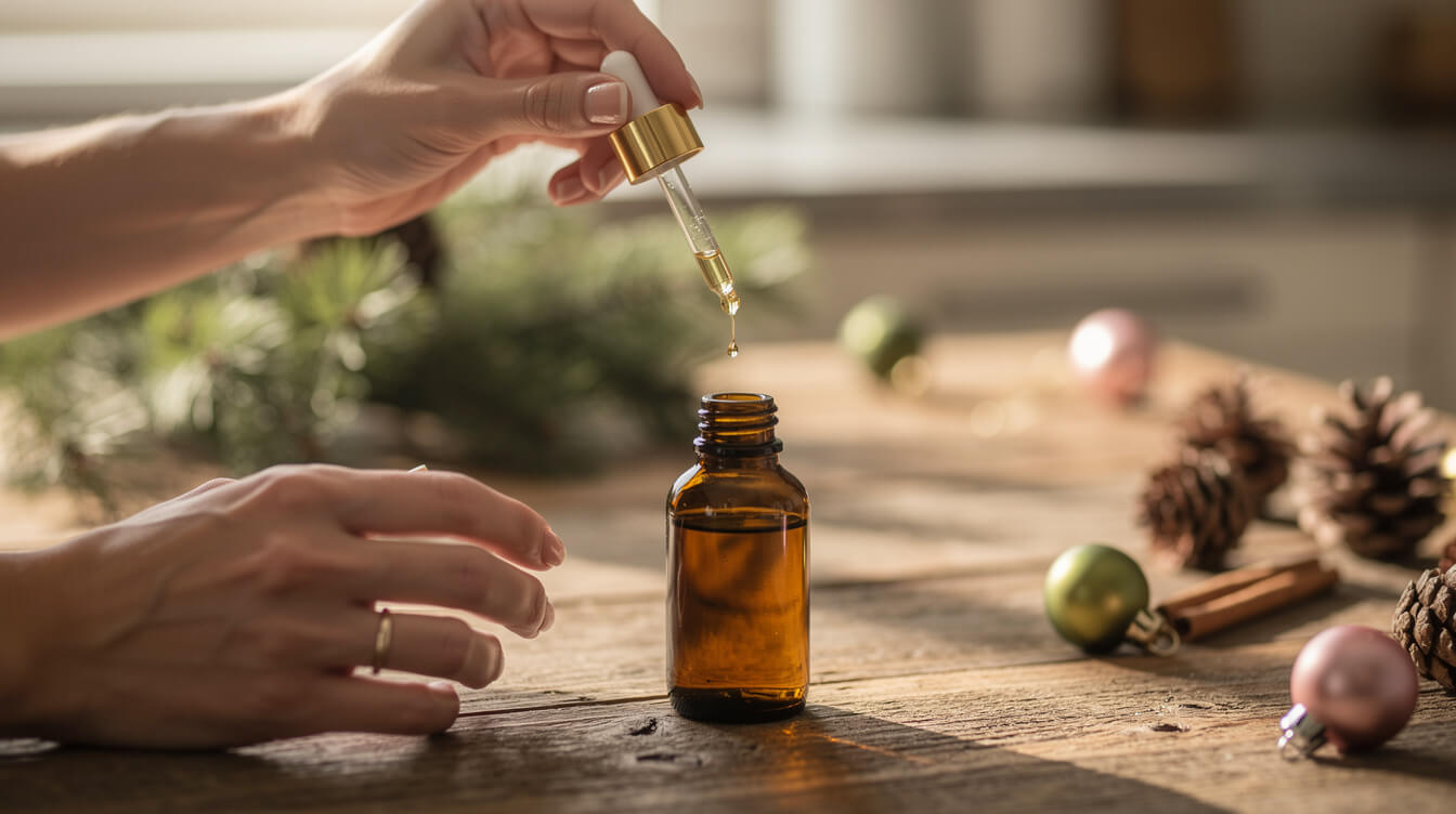 measuring essential oil drops safely for a holiday diffuser blend